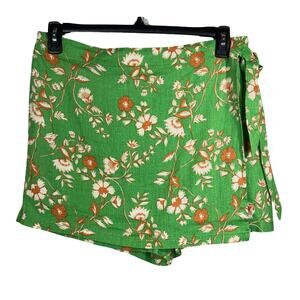 C&C California Large Faux Wrap Skort Floral Linen Pull-On Tie Side Hi-Rise Green